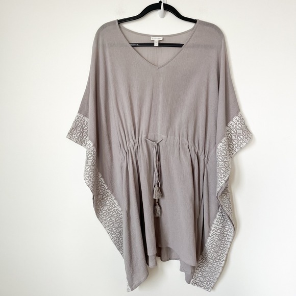 Garnet Hill Other - Garnet Hill Embroidered Kaftan Swim Cover Up Gray White Drawcord Tassel Large